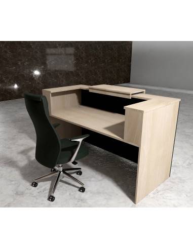 vue arriere banque accueil bicolore avec rehausse delta mobellina acacia clair et facade noir