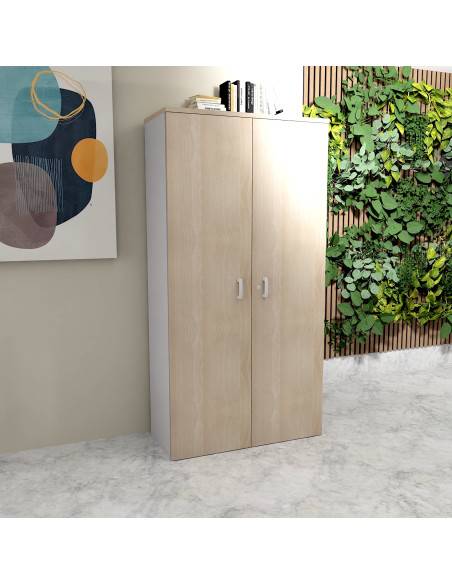 photo armoire de bureau hauteur 197 cm portes battantes coloris acacia clair et gris alu