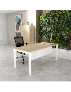 bureau droit tempo mobellinea avec jupe coloris chene moyen avec pieds blanc