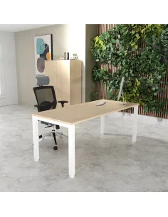 bureau droit tempo mobellinea avec jupe coloris chene moyen avec pieds blanc 2