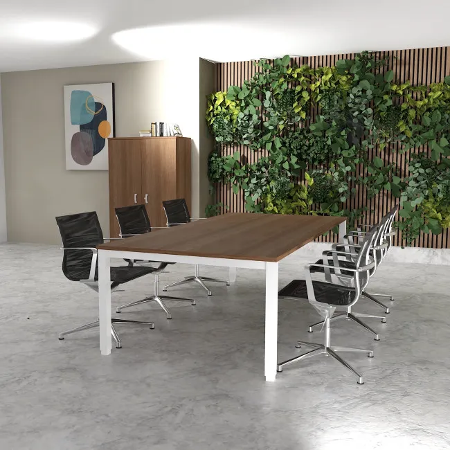 table de reunion rectangulaire 250 et 200 cm tempo mobel linea coloris plateau acacia fonce pieds blanc