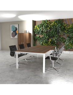 table de reunion rectangulaire 250 et 200 cm tempo mobel linea coloris plateau acacia fonce pieds blanc