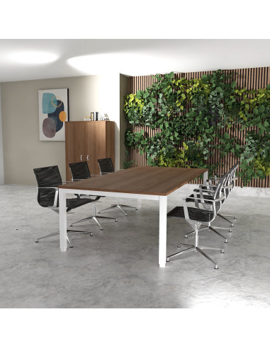 table de reunion rectangulaire 250 et 200 cm tempo mobel linea coloris plateau acacia fonce pieds blanc