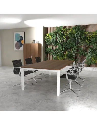 table de reunion rectangulaire 250 et 200 cm tempo mobel linea coloris plateau acacia fonce pieds blanc