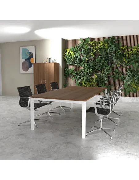 table de reunion rectangulaire 250 et 200 cm tempo mobel linea coloris plateau acacia fonce pieds blanc