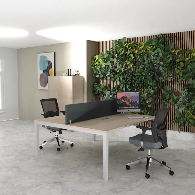 bureau benh 2 pêrsonnes en face a face tempo mobel-linea plateau acacia clair pieds gris alu