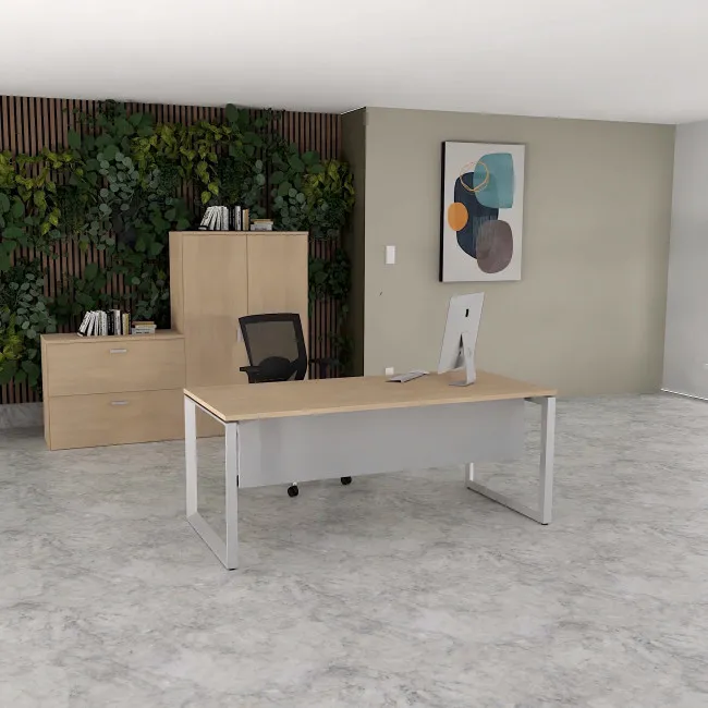 bureau star avec voile de fond mobel linea plateau chene moyen- pieds gris alu
