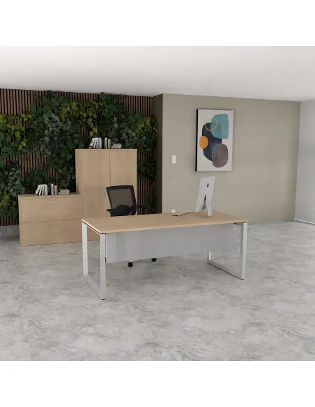 bureau star avec voile de fond mobel linea plateau chene moyen- pieds gris alu
