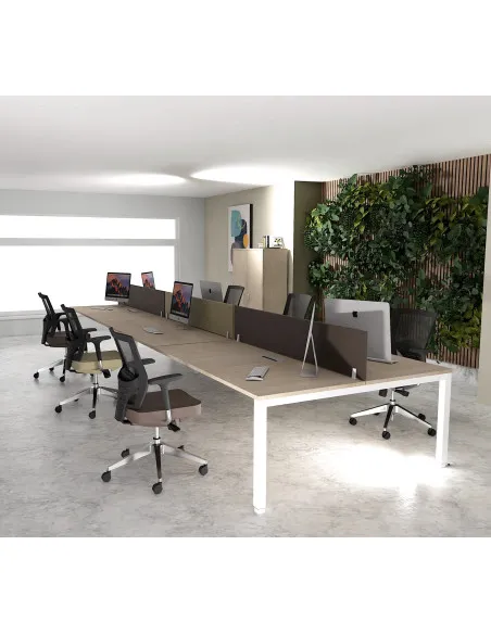 bureau bench 6 personnes tempo mobel linea plateau acacia clair et pieds blanc