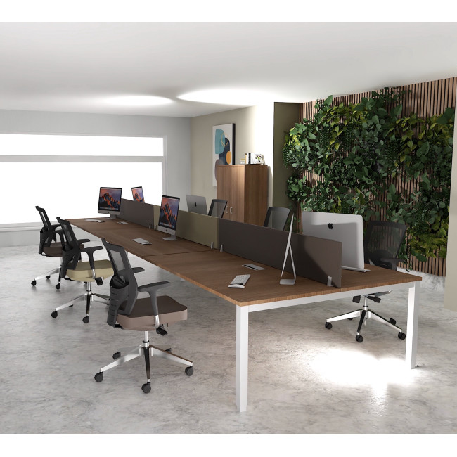 bureau bench 6 personnes tempo mobel linea plateau acacia fonce et pieds gris alu