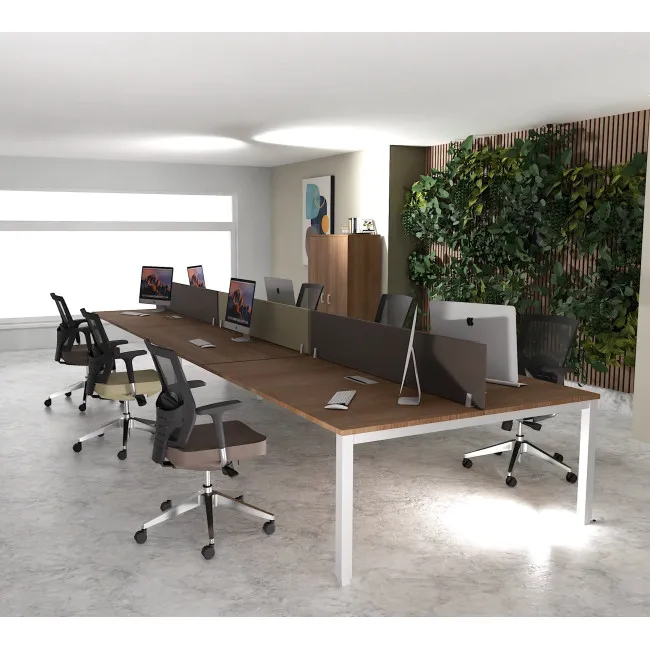 bureau bench 6 personnes tempo mobel linea plateau acacia fonce et pieds gris alu