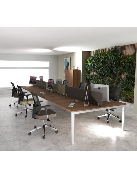 bureau bench 6 personnes tempo mobel linea plateau acacia fonce et pieds gris alu