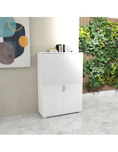 armoire de bureau hauteur moyenne a portes battantes en verre blanc  tak mobel linea hauteur 159 cm coloris blanc