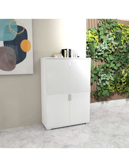 armoire de bureau hauteur moyenne a portes battantes en verre blanc  tak mobel linea hauteur 159 cm coloris blanc