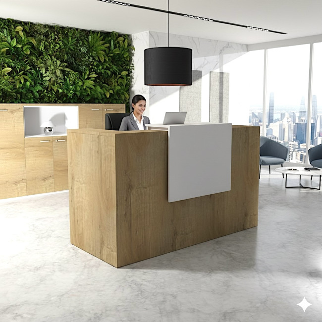 Banque d'accueil moderne avec mur végétal et secrétaire souriante - Bureau Store - Delta - Mobellinea