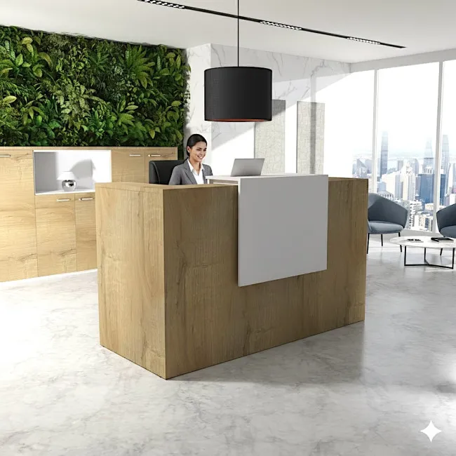 Banque d'accueil moderne avec mur végétal et secrétaire souriante - Bureau Store - Delta - Mobellinea