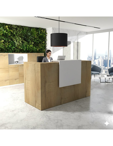 Banque d'accueil moderne avec mur végétal et secrétaire souriante - Bureau Store - Delta - Mobellinea
