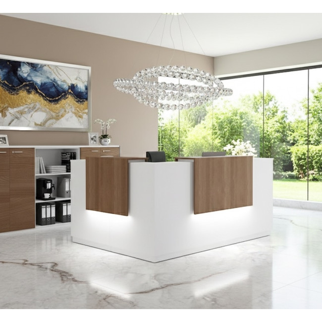 bureau accueil angle gauche avec deux rehausses lumineuses acacia fonce delta mobel linea