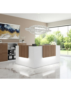 bureau accueil angle gauche avec deux rehausses lumineuses acacia fonce delta mobel linea