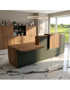 banque accueil delta avec acces pmr a gauche et pieds - rehausse et plateaux acacia fonce mobel linea coloris noir