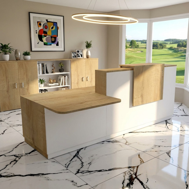 banque accueil delta avec acces pmr a gauche et pieds - rehausse et plateaux chene veine mobel linea coloris blanc