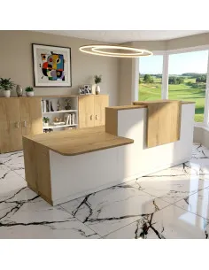 banque accueil delta avec acces pmr a gauche et pieds - rehausse et plateaux acacia fonce mobel linea coloris noir 2