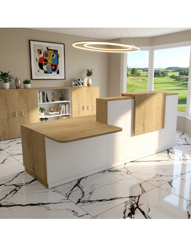 banque accueil delta avec acces pmr a gauche et pieds - rehausse et plateaux chene veine mobel linea coloris blanc