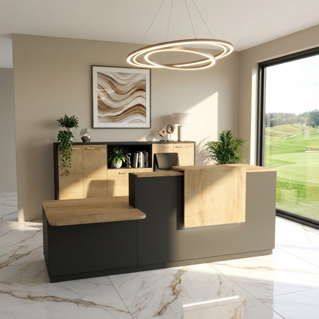 banque accueil delta avec acces pmr a gauche et rehausse et plateaux chene veine mobel linea coloris noir