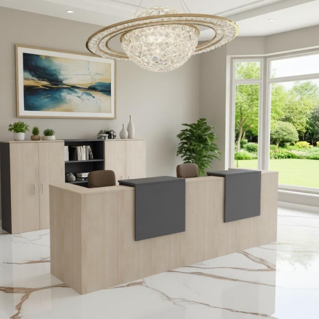 bureau-accueil-2-places-delta-mobellinea-coloris-acacia-clair-facades-anthracite