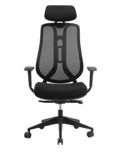 fauteuil manager avec têtière réglable, dossier résille avec renfort lombaire, assise tissu et accoudoirs réglables. 2