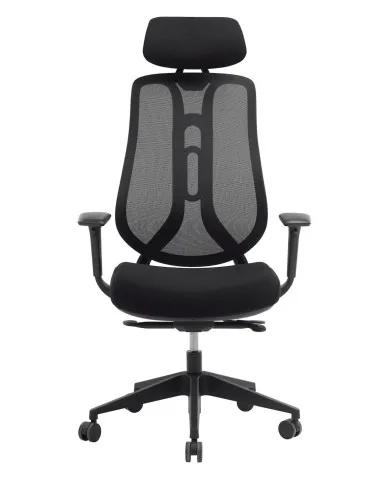 Fauteuil de bureau ergonomique Ziggy avec dossier en résille noire et assise en tissu, vue de face