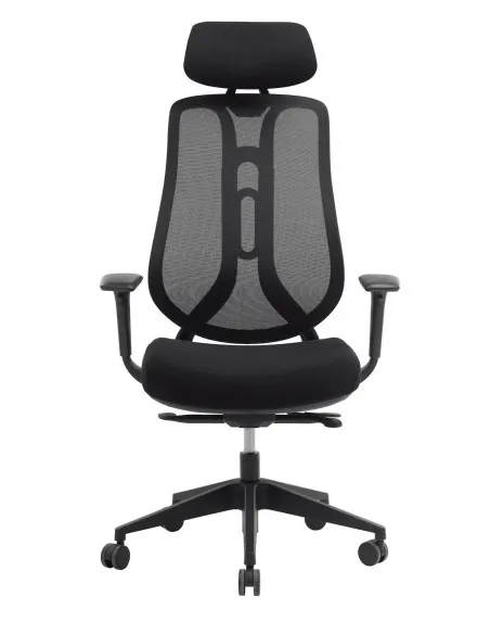Fauteuil de bureau ergonomique Ziggy avec dossier en résille noire et assise en tissu, vue de face