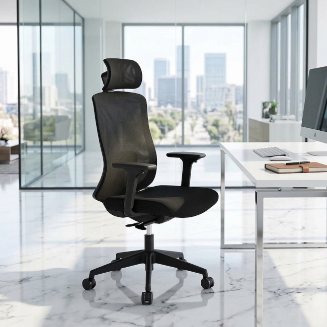 Chaise de bureau ergonomique en maille noire avec appui-tête réglable et accoudoirs, design moderne pour bureau professionnel
