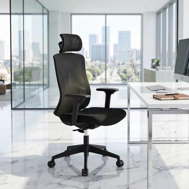 Chaise de bureau ergonomique en maille noire avec appui-tête réglable et accoudoirs, design moderne pour bureau professionnel
