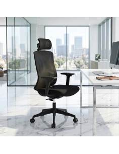 Chaise de bureau ergonomique en maille noire avec appui-tête réglable et accoudoirs, design moderne pour bureau professionnel