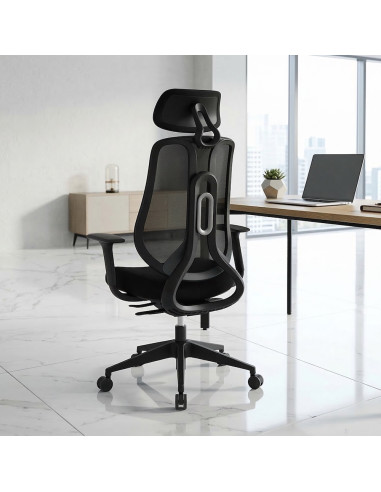 fauteuil manager avec têtière réglable, dossier résille avec renfort lombaire, assise tissu et accoudoirs réglables vue arrière