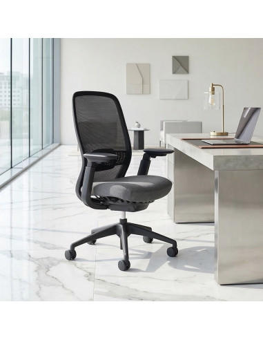 Siège de bureau ergonomique avec dossier en maille noire et assise en tissu gris