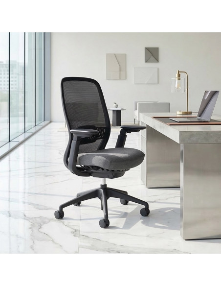 Siège de bureau ergonomique avec dossier en maille noire et assise en tissu gris