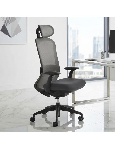 chaise-ergonomique-grise-dossier-respirant-appuie-tete-ajustable