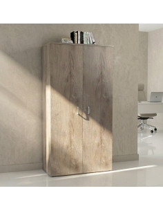 Armoire de bureau haute en bois clair avec deux portes, idéale pour le rangement de dossiers