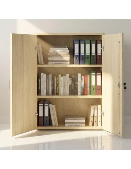 armoire-rangement-bureau-chene-moyen-mobel-linea avec fermeture des portes par serrure à clé