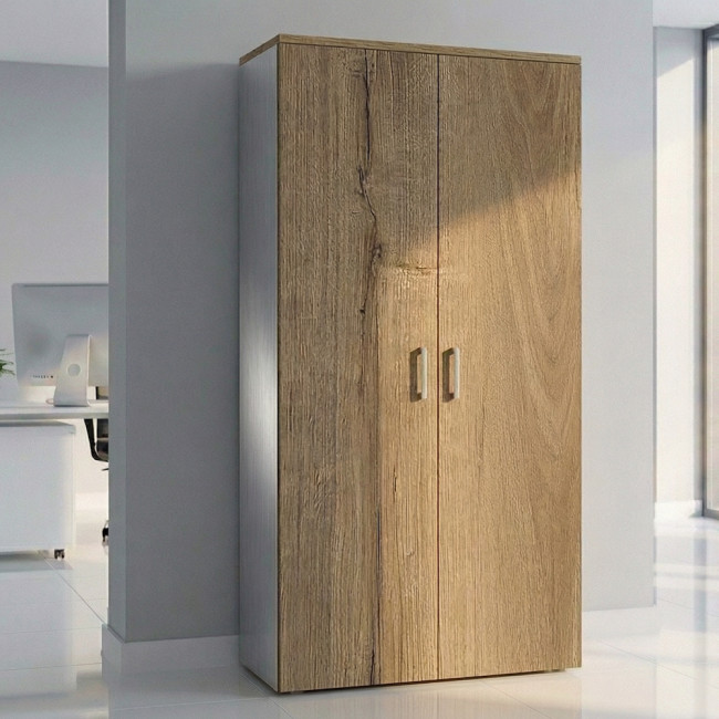 armoire-bureau-bois-clair-chene-veine et gris alu-rangement-dossiers avec portes et serrure