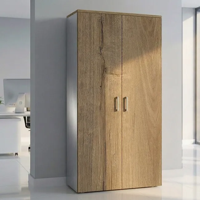 armoire-bureau-bois-clair-chene-veine et gris alu-rangement-dossiers avec portes et serrure