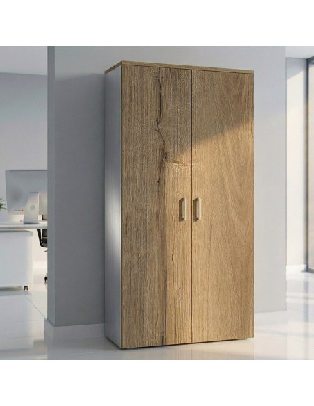 armoire-bureau-bois-clair-chene-veine et gris alu-rangement-dossiers avec portes et serrure