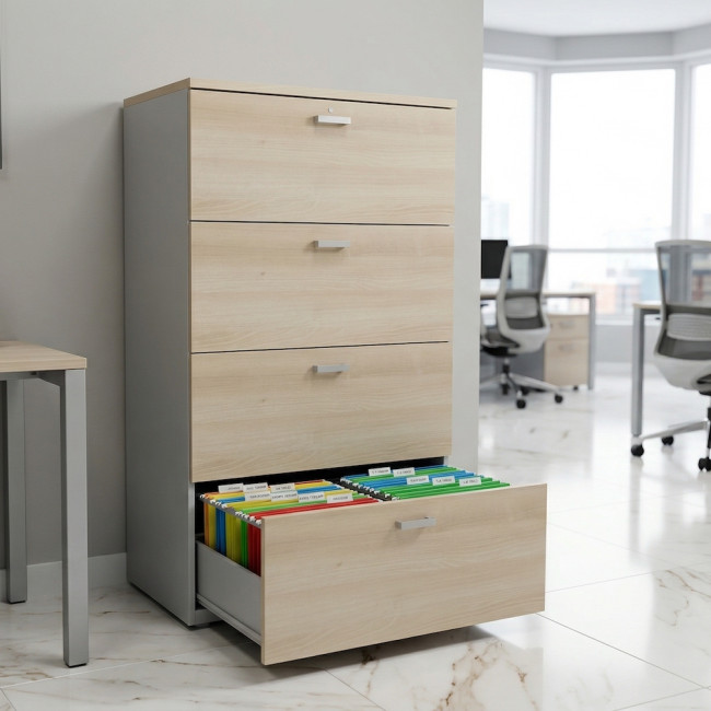 meuble pour le rangement de dossiers suspendus, version 4 tiroirs coloris acacia clair, corps gris aluminium.