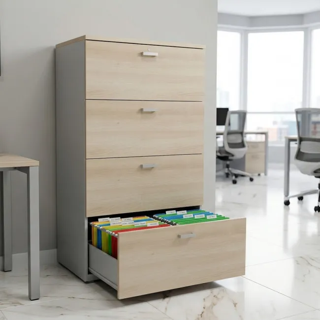 meuble pour le rangement de dossiers suspendus, version 4 tiroirs coloris acacia clair, corps gris aluminium.