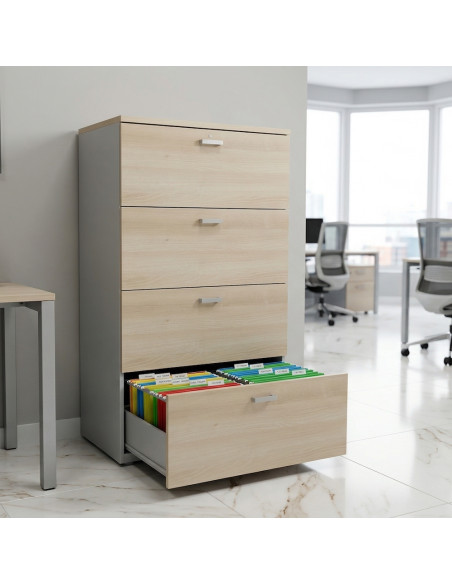 meuble pour le rangement de dossiers suspendus, version 4 tiroirs coloris acacia clair, corps gris aluminium.