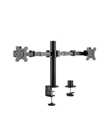 Support double écran LogiLink BP0106 avec fixations par pince et par œillet incluses.