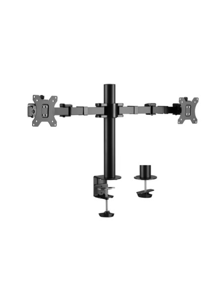 Support double écran LogiLink BP0106 avec fixations par pince et par œillet incluses.