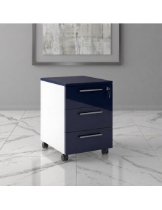 caisson de bureau 3 tiroirs blanc façade bleu fonce brillant